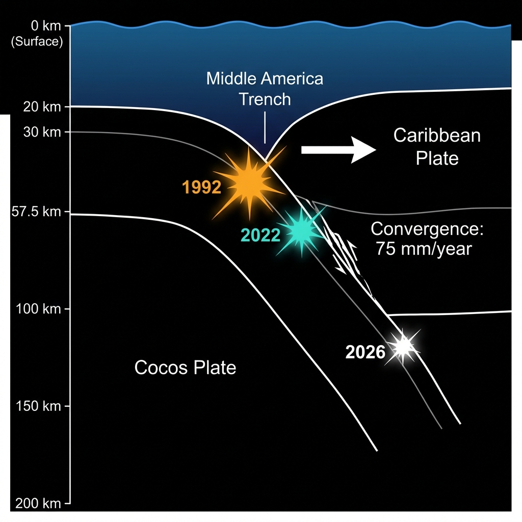 Cross-section diagram of the Middle America Trench showing the Cocos Plate subducting beneath the Caribbean Plate with marked locations of the 1992, 2022, and 2026 earthquakes at their respective depths