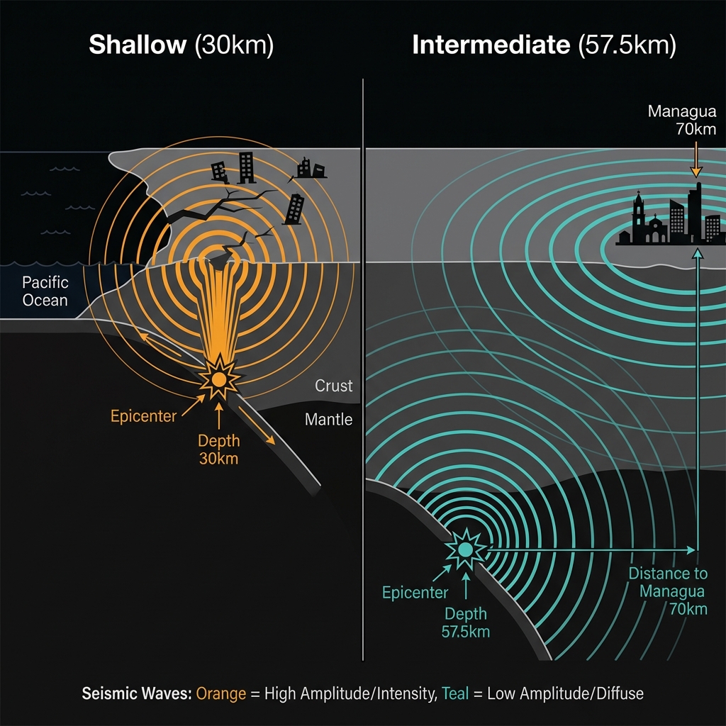 Diagram comparing shallow and intermediate-depth earthquakes showing how deeper events distribute energy over broader areas while shallow events concentrate force near the epicenter