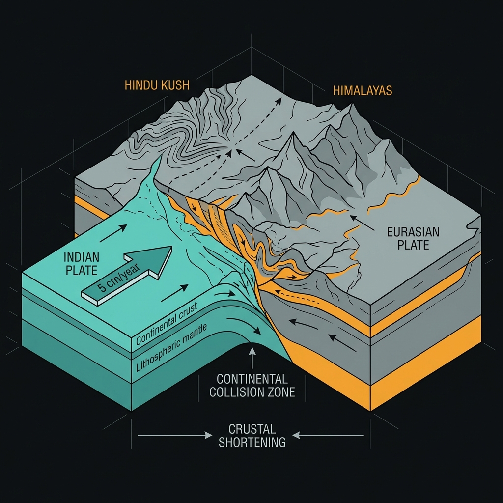 Diagram showing the collision between Indian and Eurasian tectonic plates creating the Hindu Kush mountains
