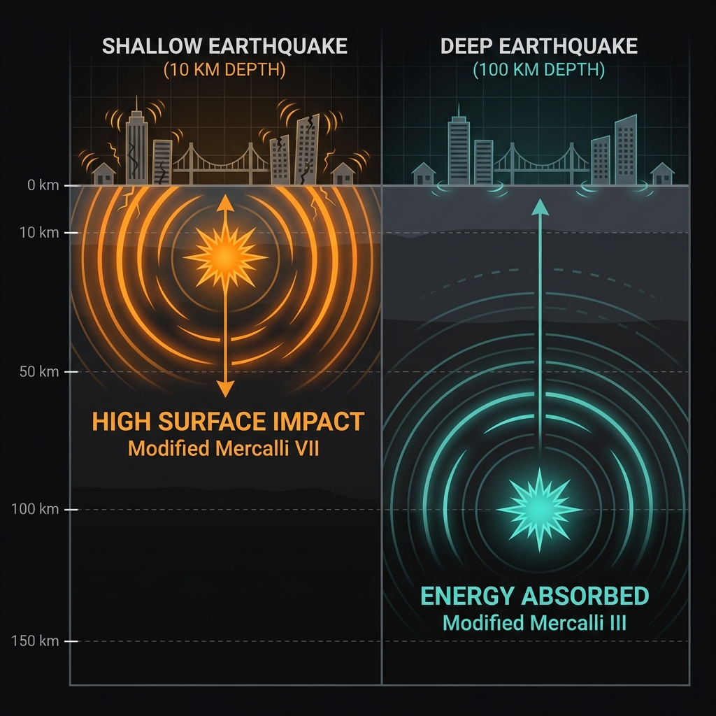 Diagram comparing shallow versus deep earthquake energy transfer to the surface