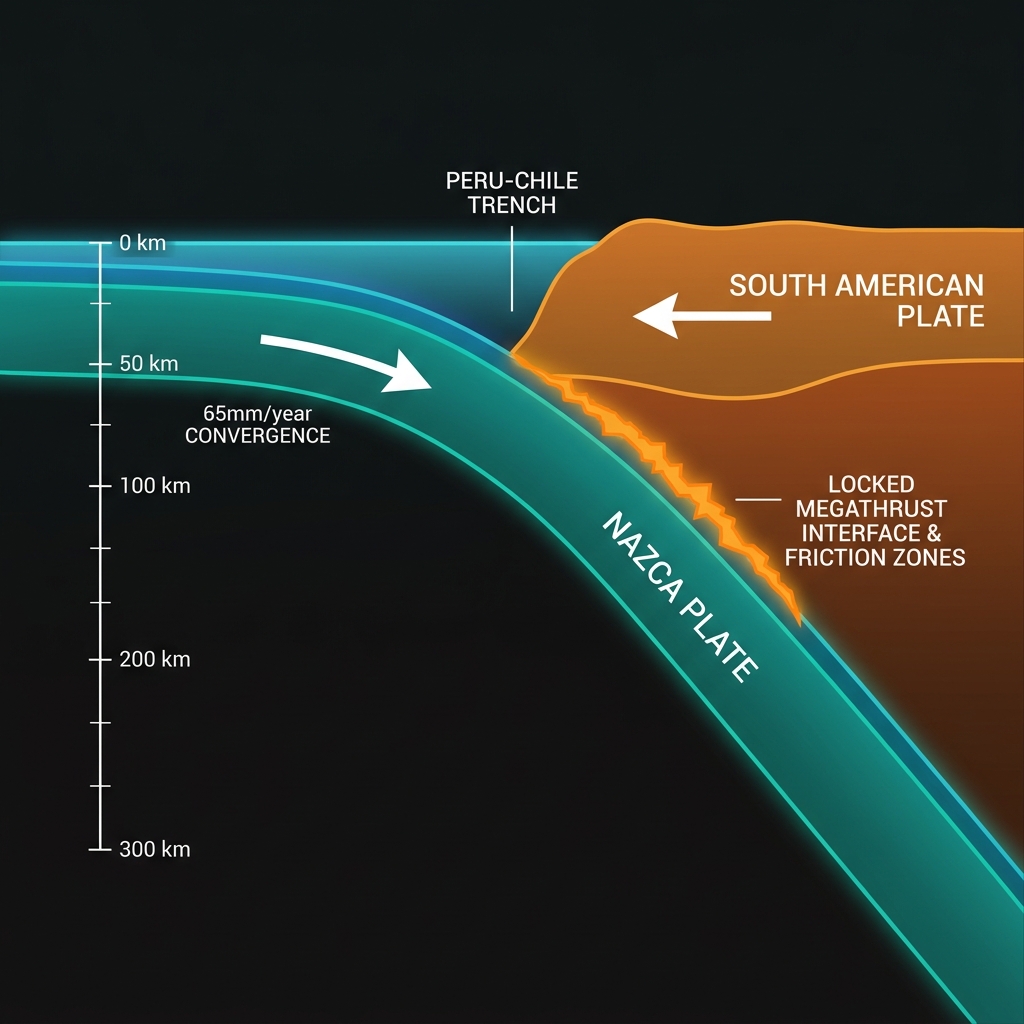 Diagram showing the Nazca Plate subducting beneath the South American Plate along the Peru-Chile Trench, with highlighted locked zones