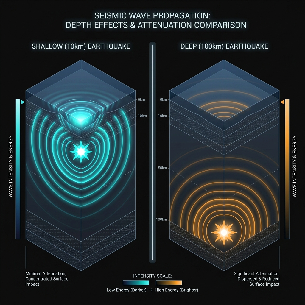 Diagram comparing shallow versus deep earthquake wave propagation, showing how 10km depth creates more intense surface shaking