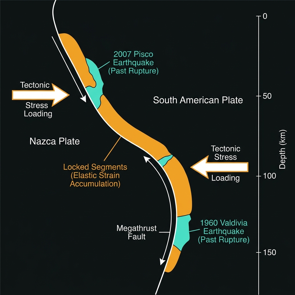 Diagram showing locked and ruptured segments of the Peru-Chile megathrust fault, illustrating accumulated strain and historical earthquake zones