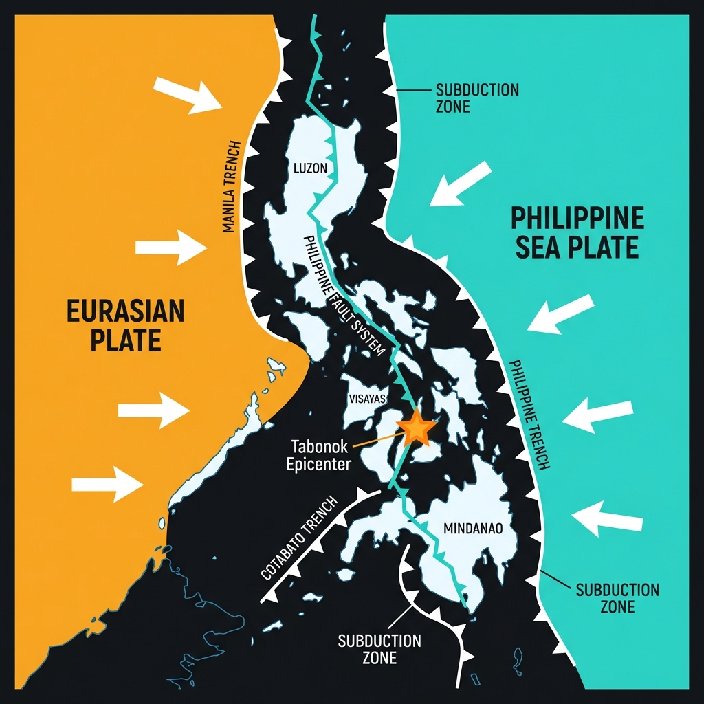 Tectonic map showing Philippine Sea Plate and Eurasian Plate convergence with the Philippine Fault System and Tabonok epicenter marked