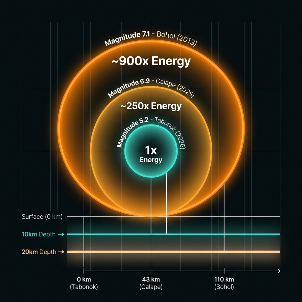 Diagram comparing the relative energy release of the Tabonok, Calape, and Bohol earthquakes with magnitude and depth indicators