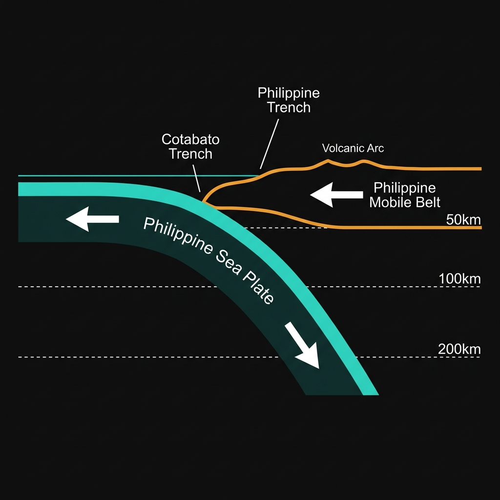 Diagram showing the Philippine Sea Plate subducting beneath the Philippine Mobile Belt with labeled trenches