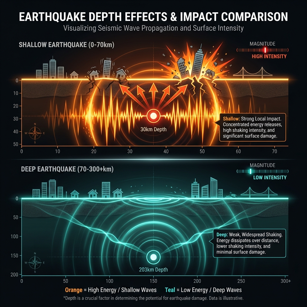 Diagram comparing how deep earthquakes produce weaker surface shaking than shallow earthquakes of similar magnitude