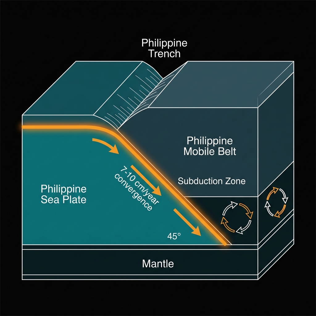 Diagram showing the Philippine Sea Plate subducting beneath the Philippine Mobile Belt at the Philippine Trench, with labels indicating plate movement rates.