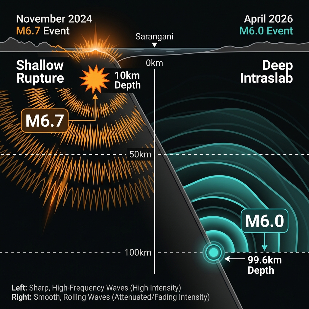 Comparison diagram showing how the shallow 2024 earthquake produced sharp shaking while the deep 2026 earthquake created rolling motions due to different depths and wave attenuation.