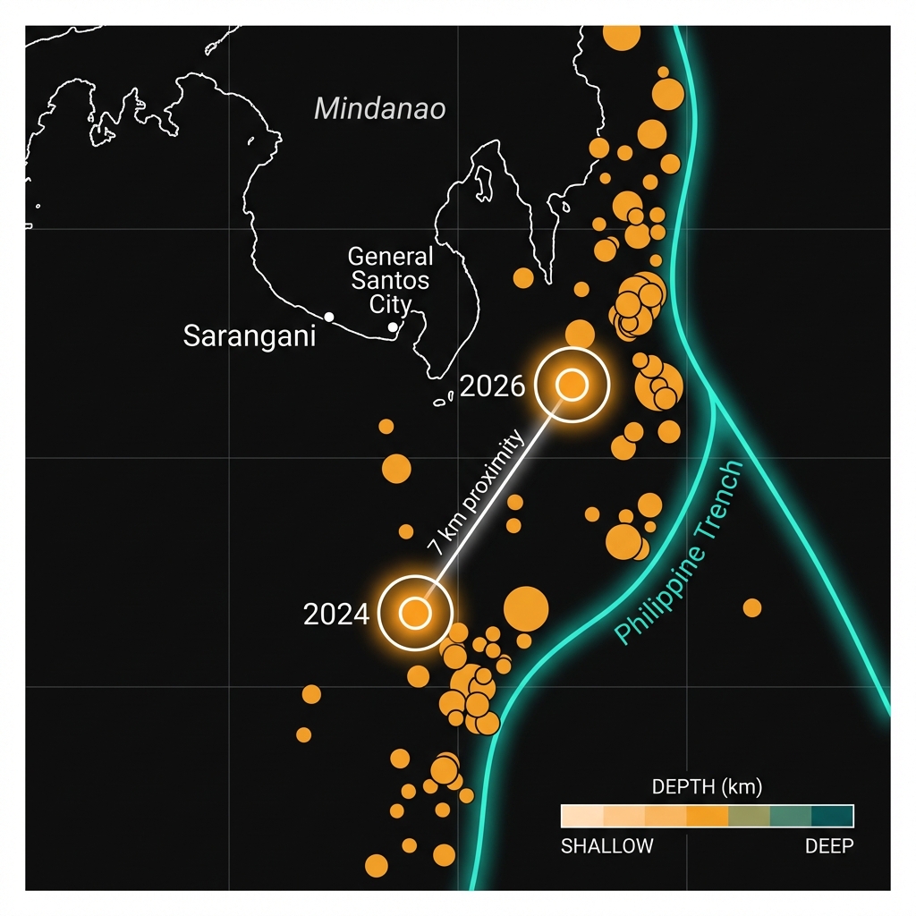 Map showing the clustering of significant earthquakes along the Philippine Trench near Sarangani, highlighting the proximity of the 2024 and 2026 epicenters.