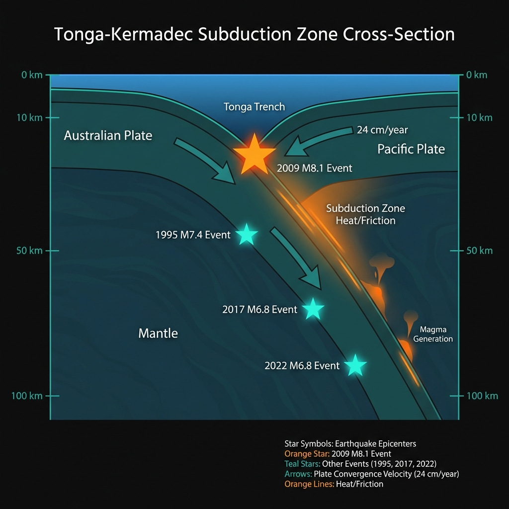 Cross-section diagram of the Tonga-Kermadec subduction zone showing Pacific Plate movement and historical earthquake locations