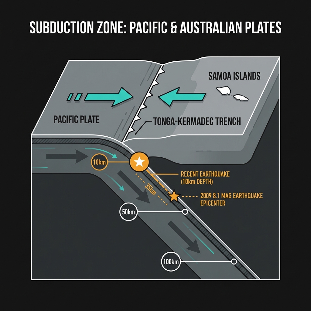 Diagram of Tonga-Kermadec subduction zone showing Pacific Plate subducting under Australian Plate with depth markers and earthquake locations