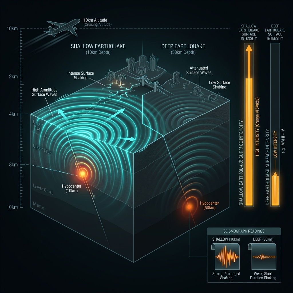 Diagram comparing shallow 10km earthquake energy transmission to deep earthquakes, showing why surface shaking is more intense