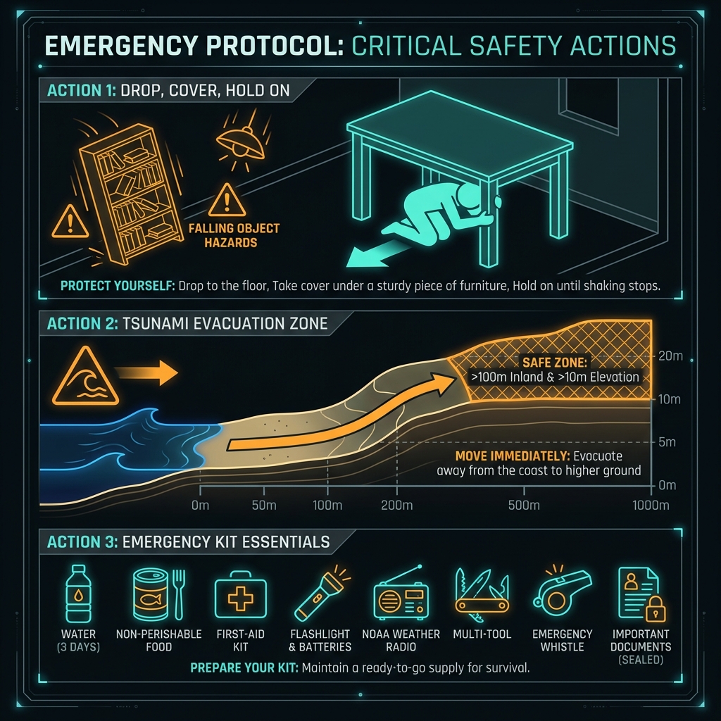 Safety infographic showing drop-cover-hold procedure and tsunami evacuation zones for coastal earthquake response