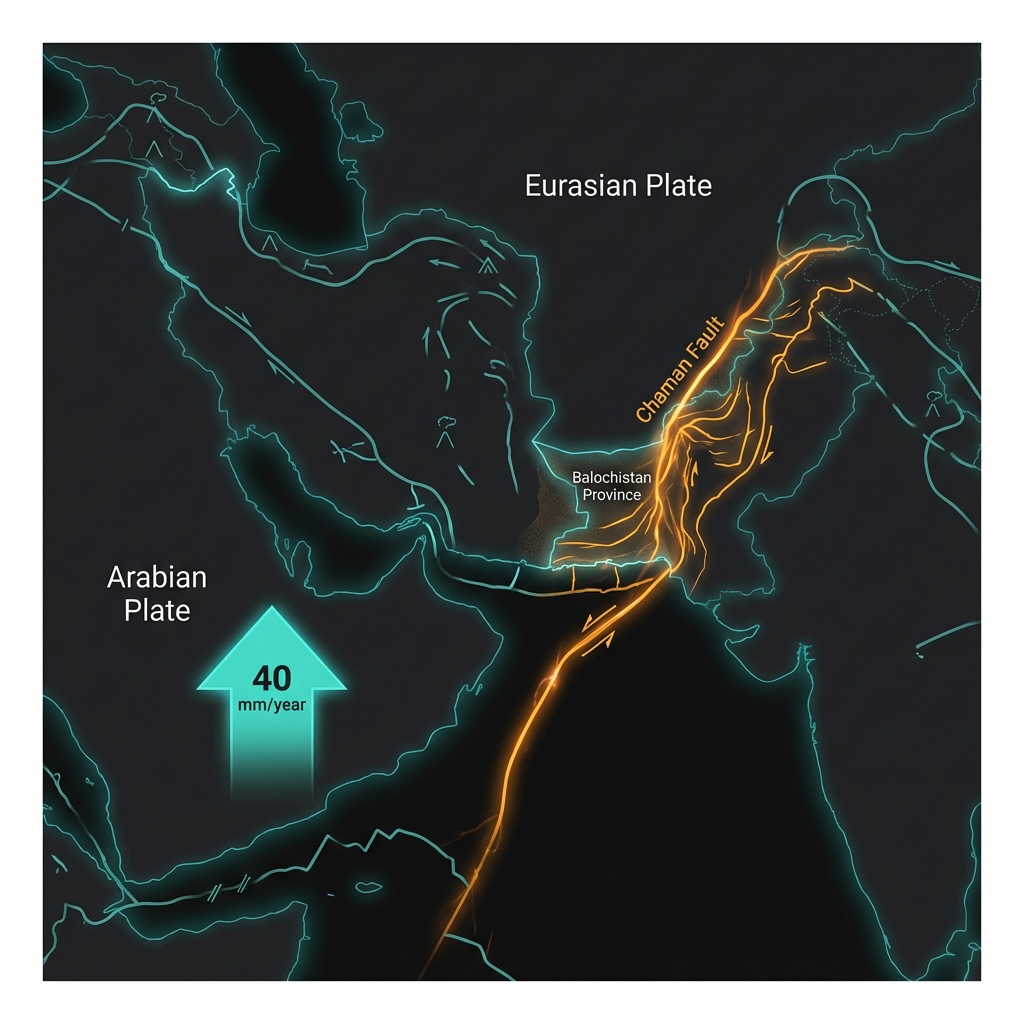 Diagram showing the Arabian Plate colliding with the Eurasian Plate along the Chaman Fault at 40 millimeters per year
