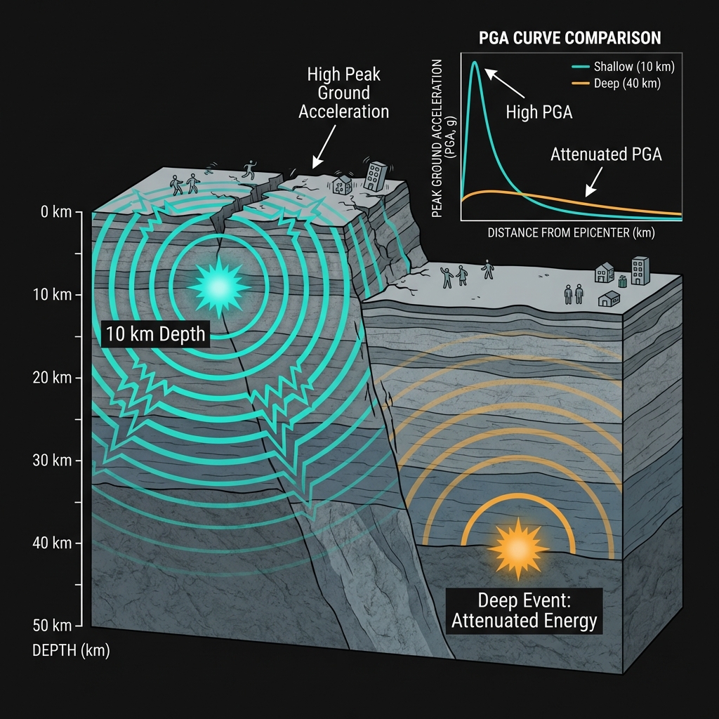 Cross-section diagram comparing shallow versus deep earthquakes showing how 10 kilometer depth creates more intense surface shaking