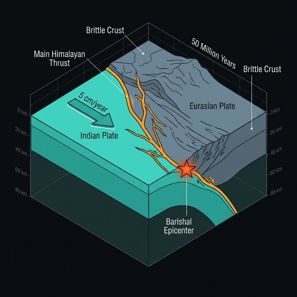 Tectonic diagram showing the Indian and Eurasian plates colliding at the Main Himalayan Thrust fault near Barishal