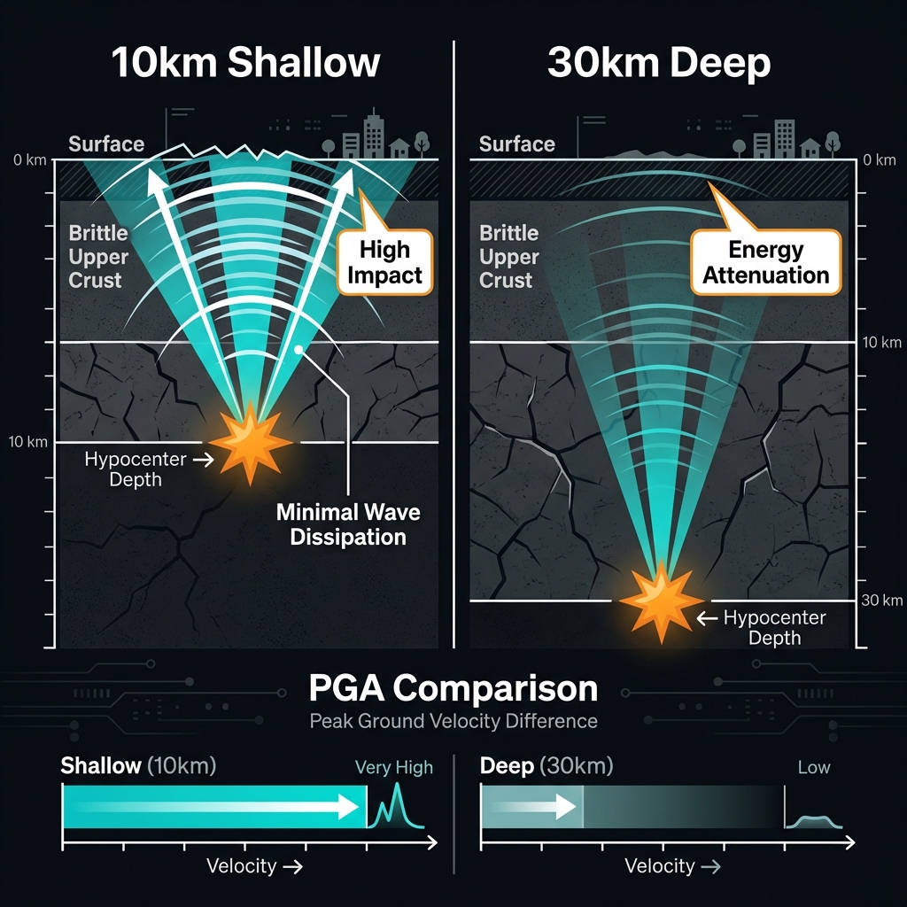 Diagram comparing shallow versus deep earthquake hypocenters showing wave propagation and energy dissipation differences