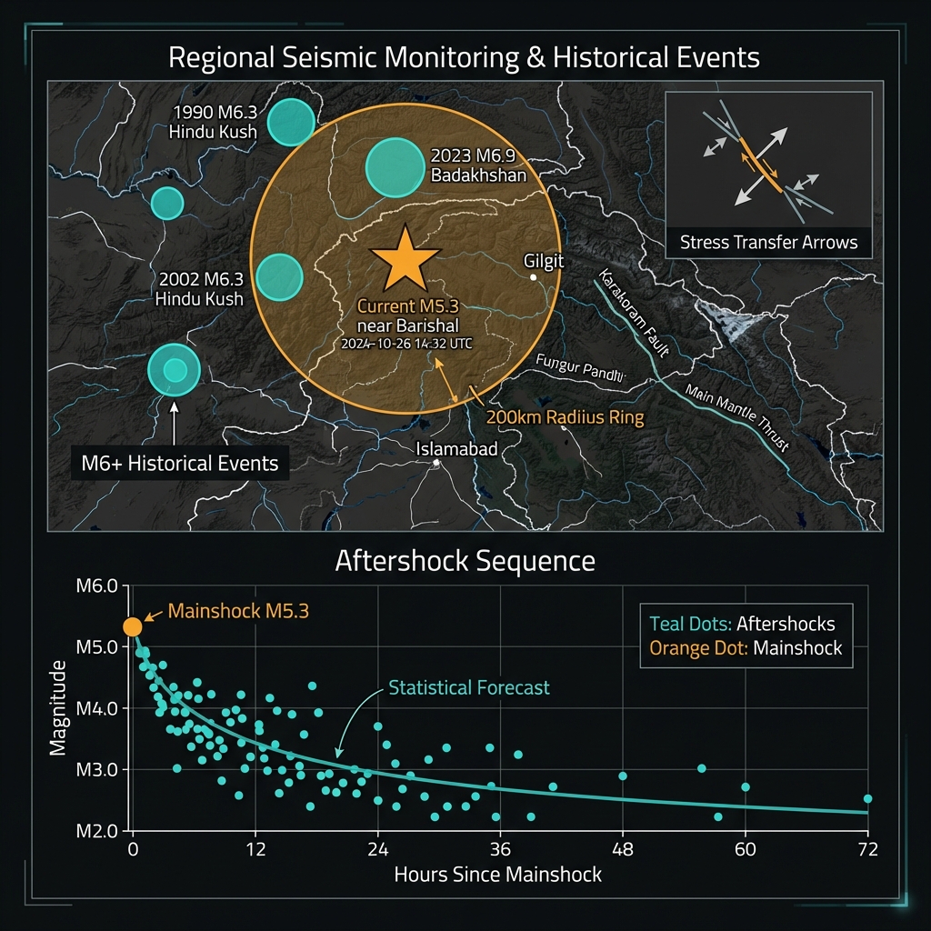 Seismic monitoring diagram showing historical earthquake locations and projected aftershock timeline for the Barishal region