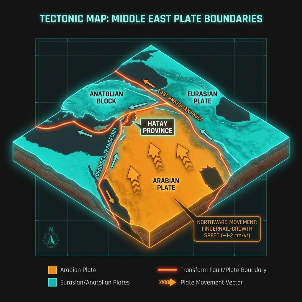 Tectonic map showing the Arabian Plate colliding with Eurasia along the East Anatolian Fault and Dead Sea Transform near Hatay Province