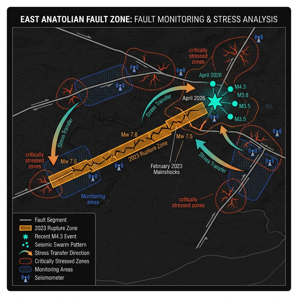 Diagram of the East Anatolian Fault system showing the 2023 rupture zone, recent earthquake location, and stress transfer monitoring areas