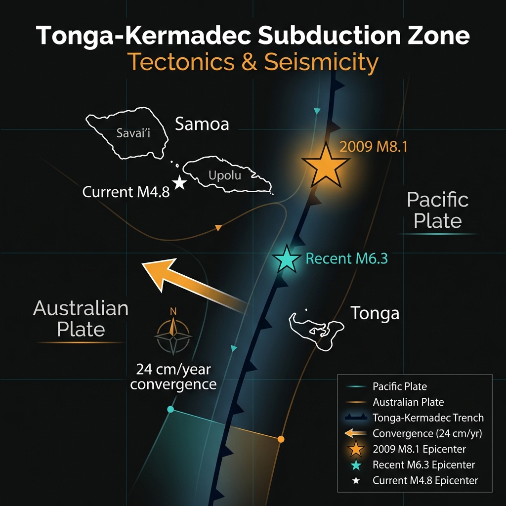 Map diagram showing the Tonga-Kermadec subduction zone with Pacific and Australian plates, convergence rate, and locations of recent earthquakes including the 2009 M8.1 and current M4.8 events