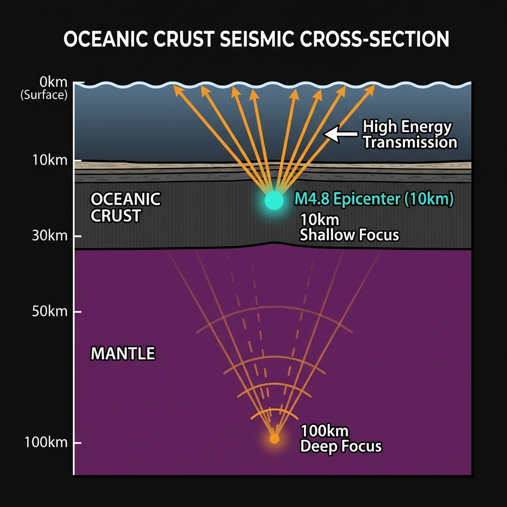 Diagram comparing shallow versus deep earthquake focal depths, showing how the 10km depth of the current event preserves seismic energy as waves travel to the surface
