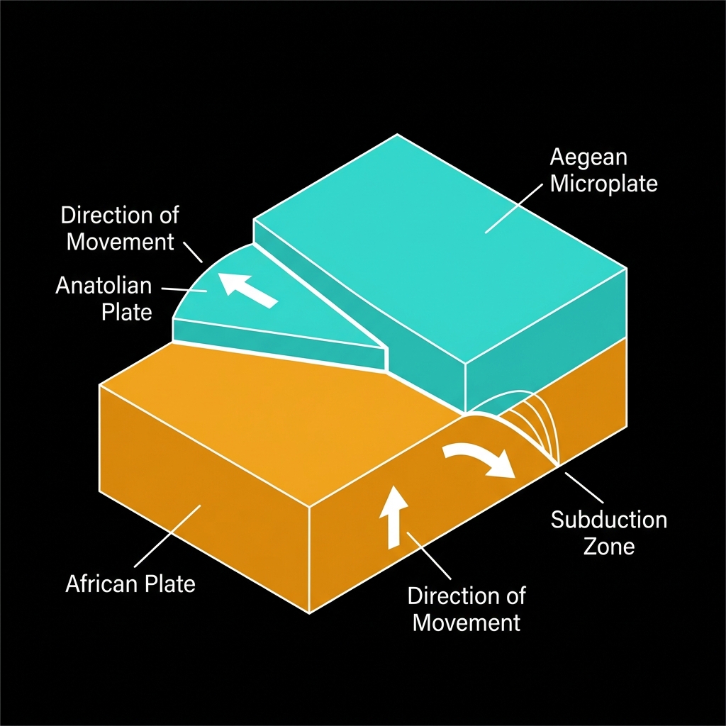 Diagram showing the interaction of African, Aegean, and Anatolian tectonic plates with subduction and directional movement arrows