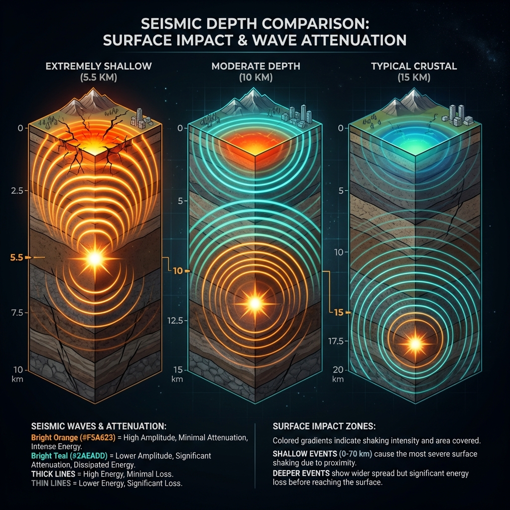 Comparison diagram showing how seismic waves from shallow earthquakes reach the surface with greater intensity than deeper quakes