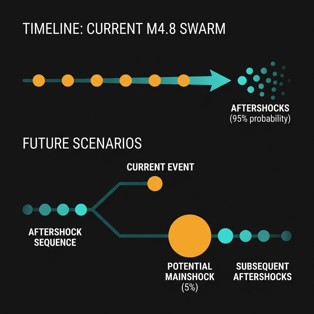 Diagram illustrating the difference between a seismic swarm pattern with aftershocks versus a foreshock-mainshock sequence with probability percentages