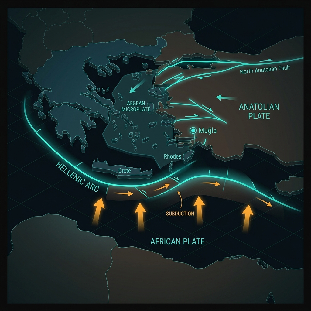 Diagram showing the interaction between Aegean Microplate, Anatolian Plate, and subducting African Plate