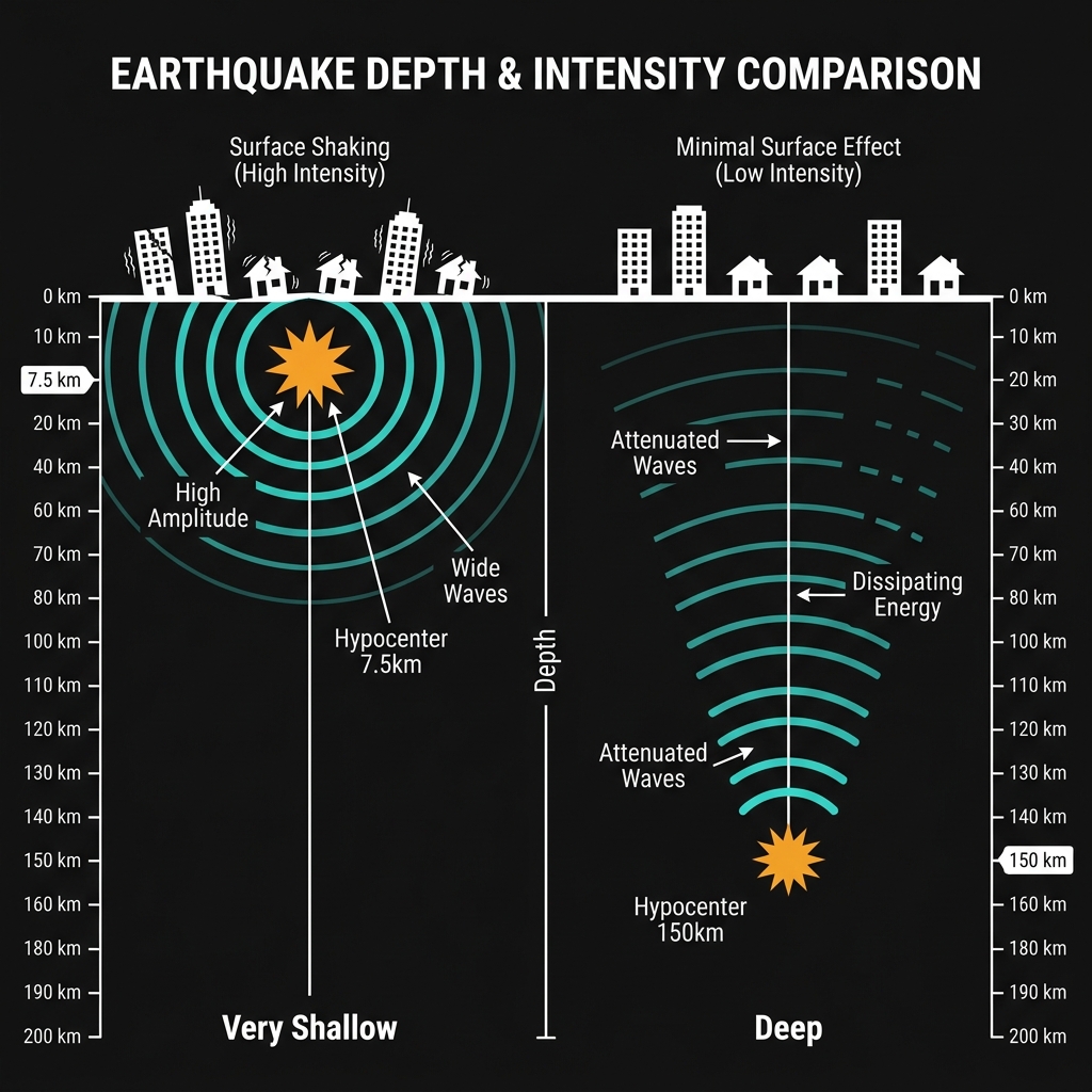 Cross-section diagram comparing energy propagation from a 7.5km shallow earthquake versus a 150km deep earthquake