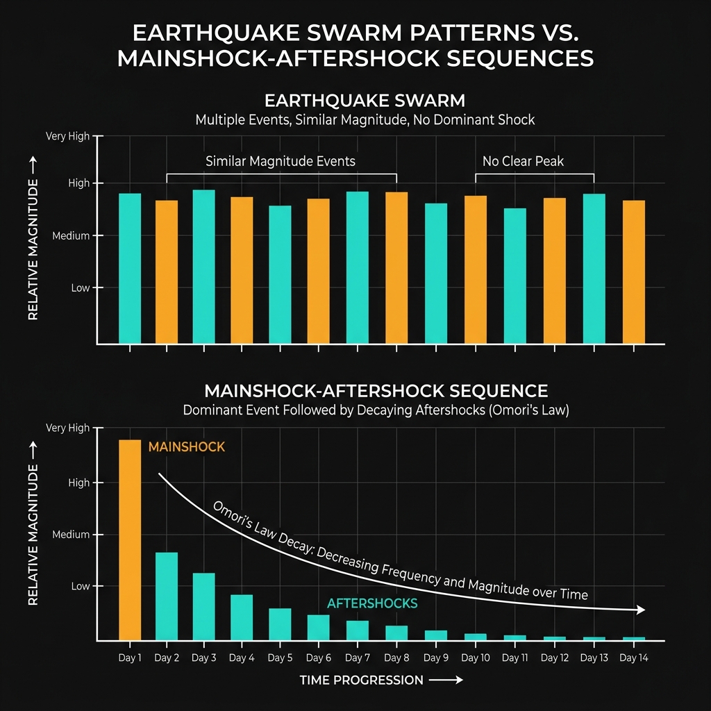 Diagram comparing earthquake swarm patterns with mainshock-aftershock sequences over time