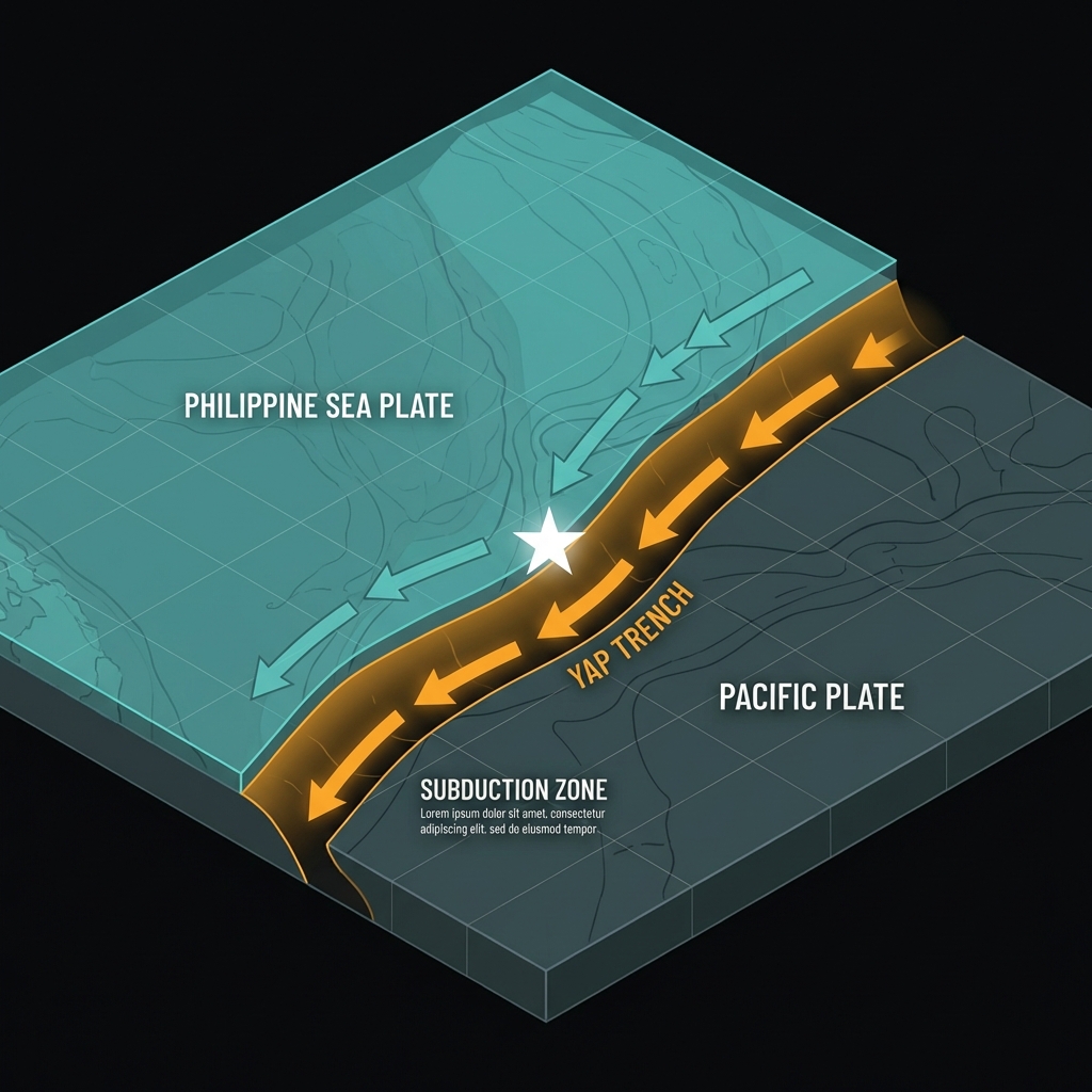 Diagram showing the Philippine Sea Plate and Pacific Plate collision at the Yap Trench, illustrating subduction zone mechanics with teal and orange accents on a dark background.