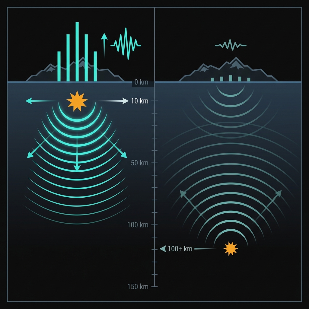 Cross-section diagram comparing shallow versus deep earthquake energy propagation, showing how 10km depth concentrates seismic force at the surface compared to deeper, attenuated waves.