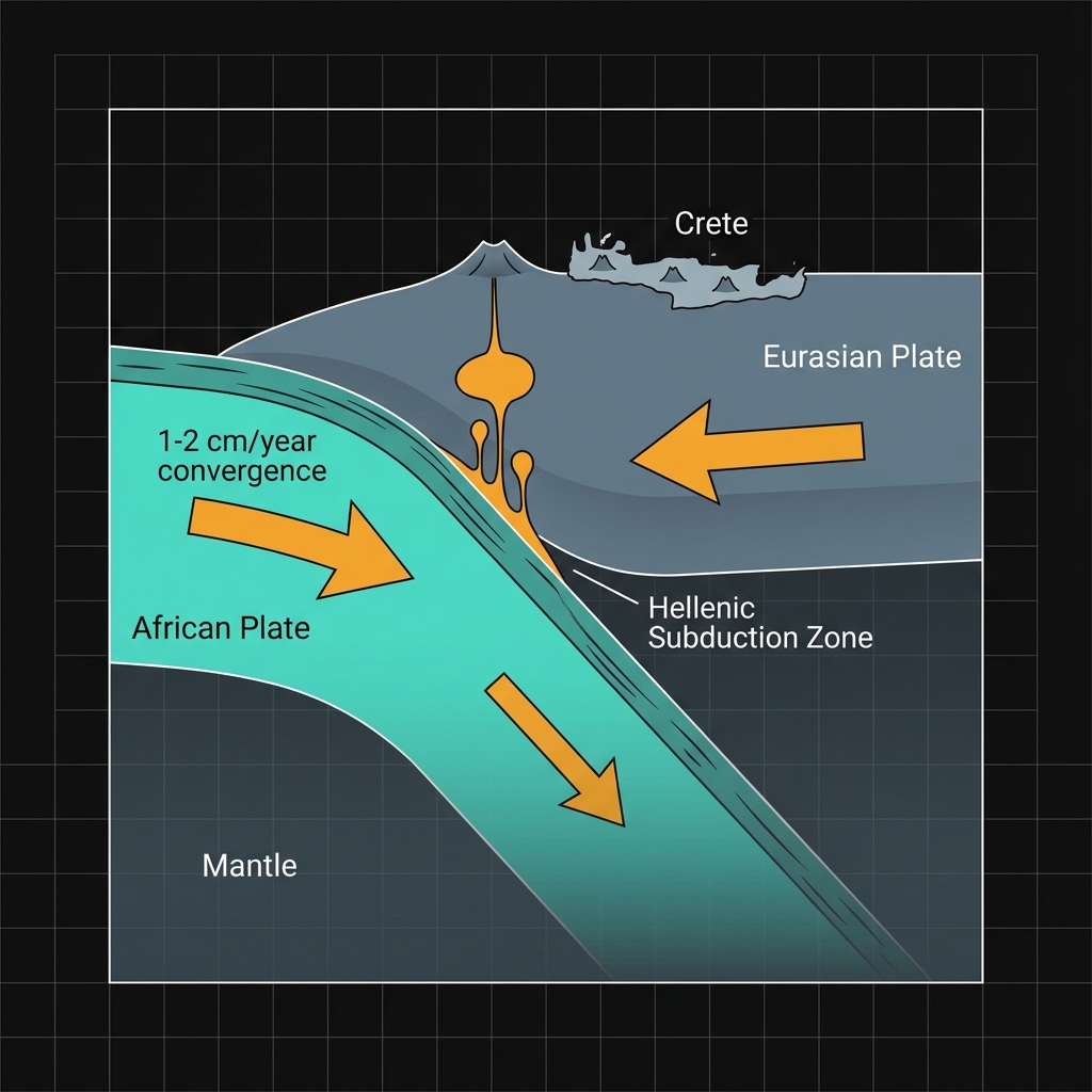Cross-section diagram showing African Plate subducting beneath Eurasian Plate at the Hellenic zone