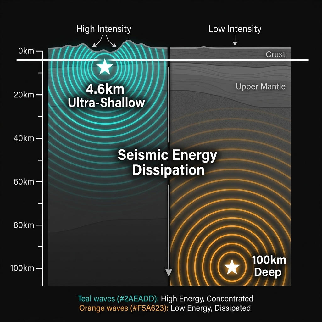 Comparison diagram illustrating how shallow earthquakes create stronger surface shaking than deep earthquakes