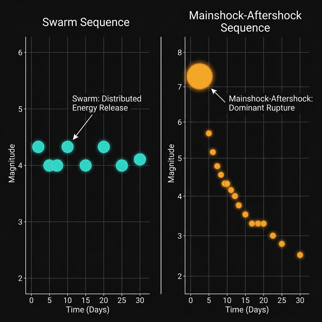 Chart comparing swarm earthquake patterns versus mainshock-aftershock sequences