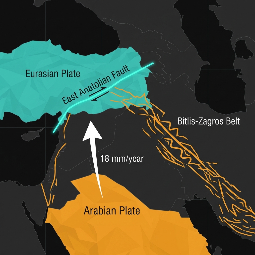 Tectonic diagram showing the Arabian and Eurasian plates colliding at 18 millimeters per year, with the East Anatolian Fault and Bitlis-Zagros belt highlighted.