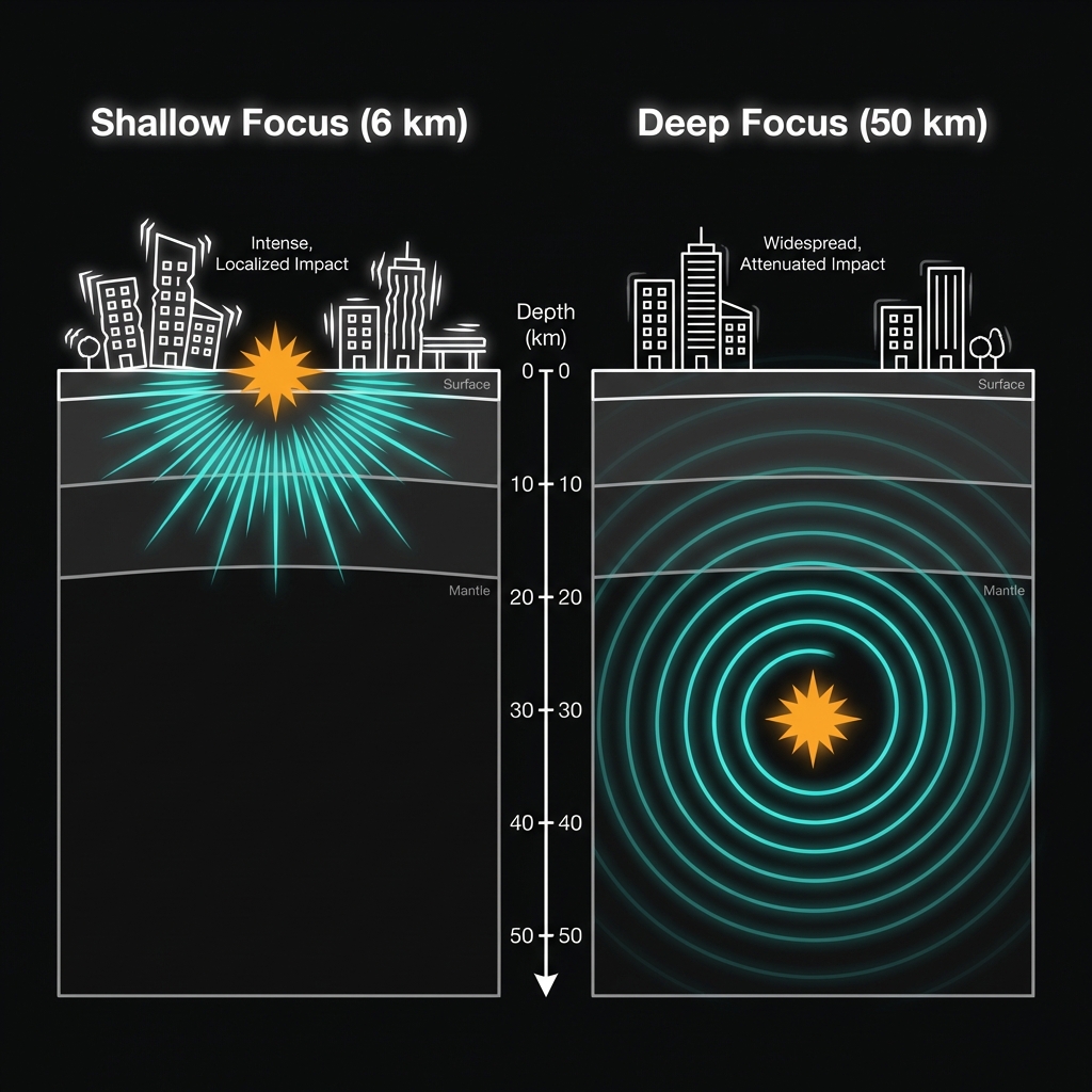 Diagram comparing shallow versus deep earthquake hypocenters, showing how 6-kilometer depth creates stronger surface shaking than deeper quakes of the same magnitude.