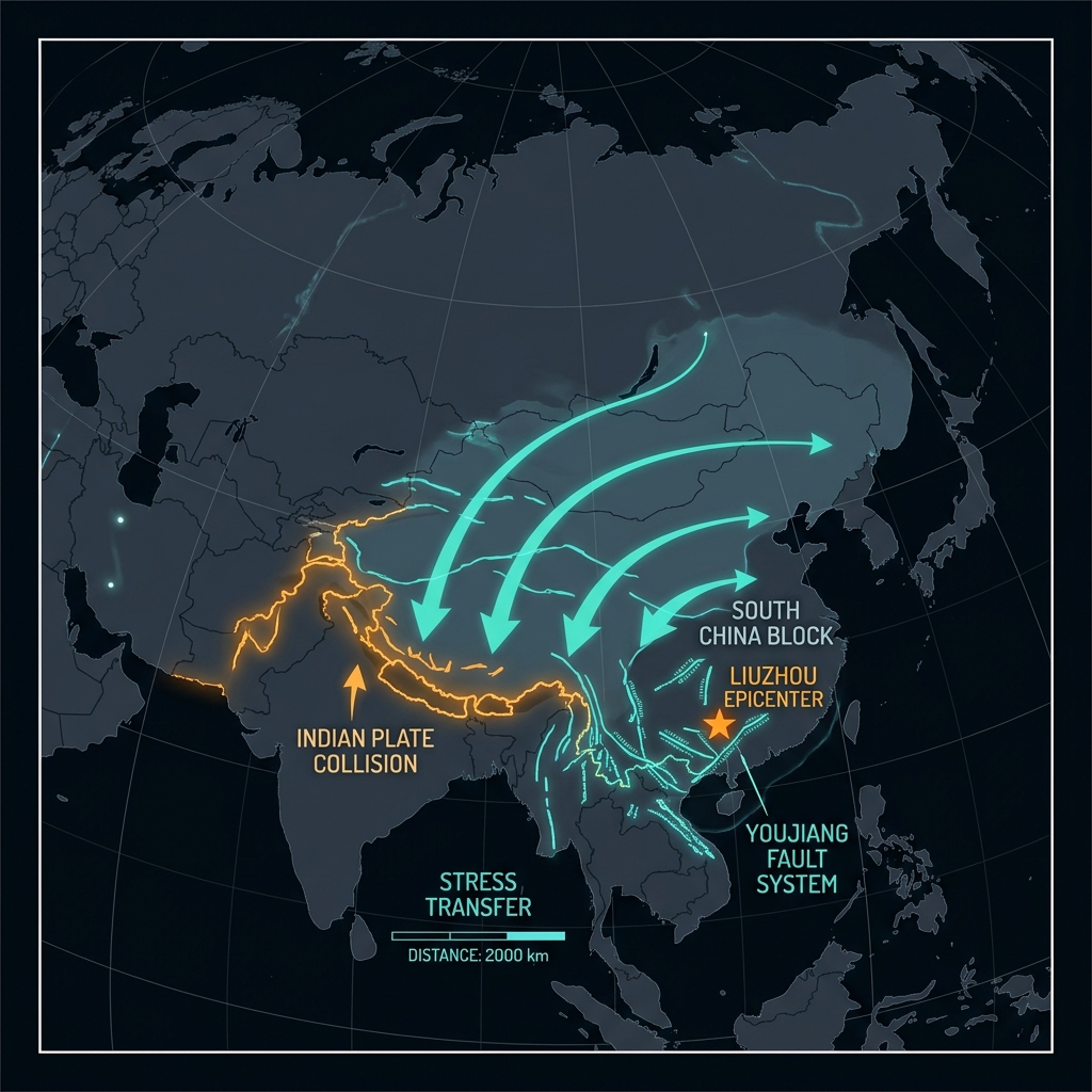 Tectonic diagram illustrating stress transfer from the Indian Plate collision to the Liuzhou region