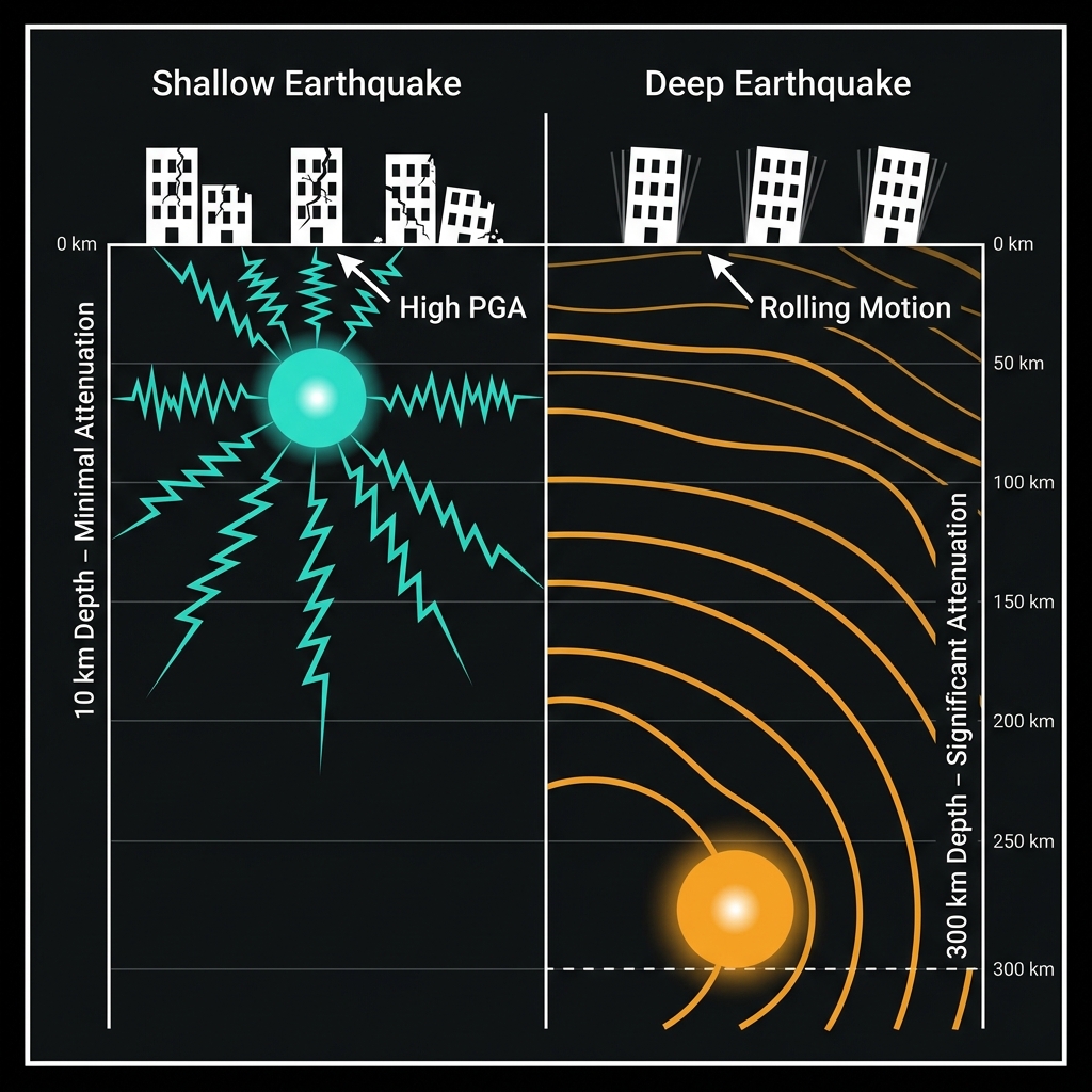Cross-section diagram comparing seismic wave effects from 10km versus 300km earthquake depths
