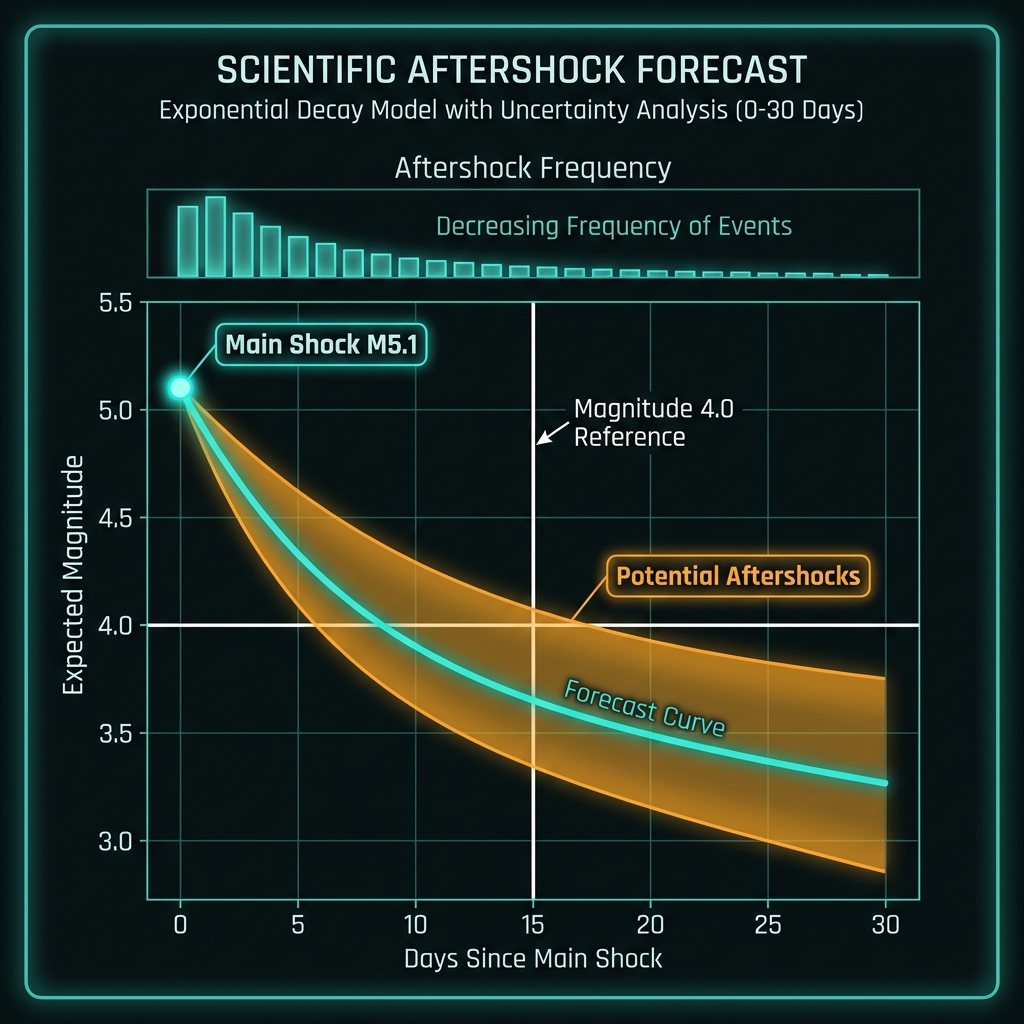 Graph showing projected aftershock magnitude decay over a 30-day timeline