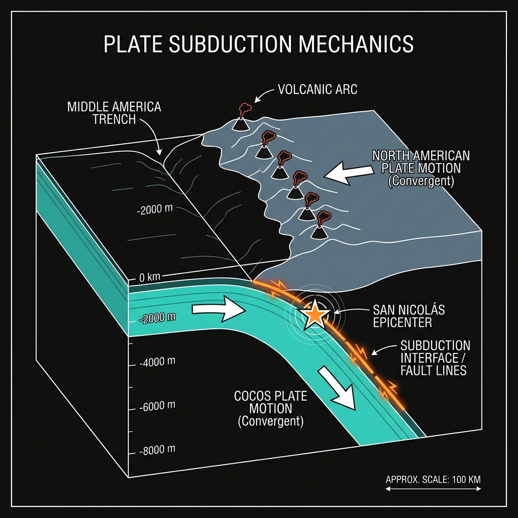 Diagram showing the Cocos Plate subducting beneath the North American Plate along the Middle America Trench