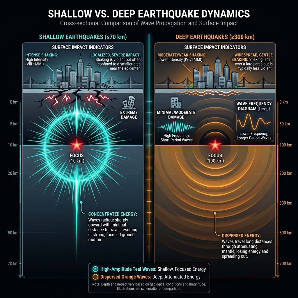 Diagram comparing seismic wave propagation from shallow 10km depth versus deeper earthquake sources