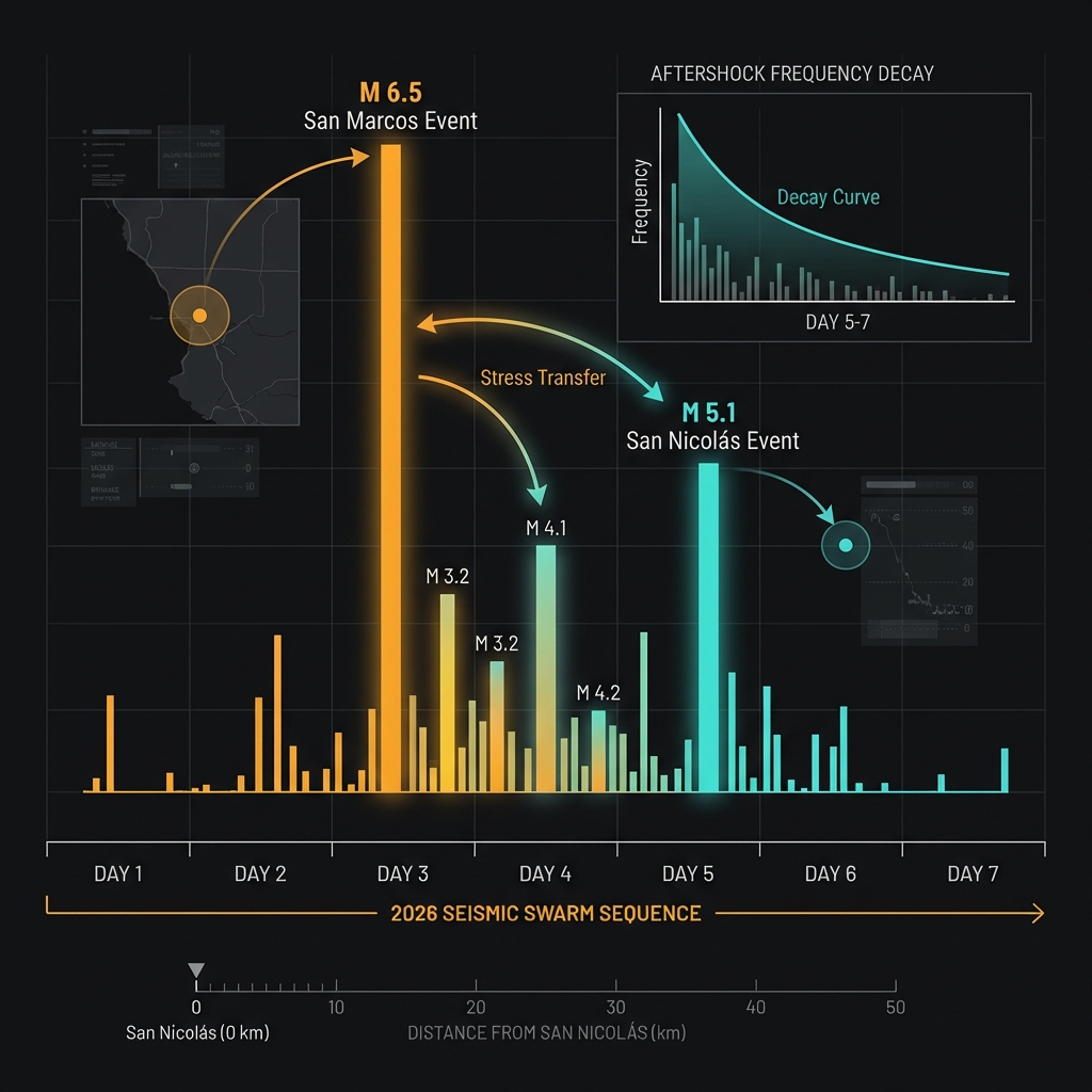 Timeline diagram showing the sequence of earthquakes in the 2026 seismic swarm near San Nicolás