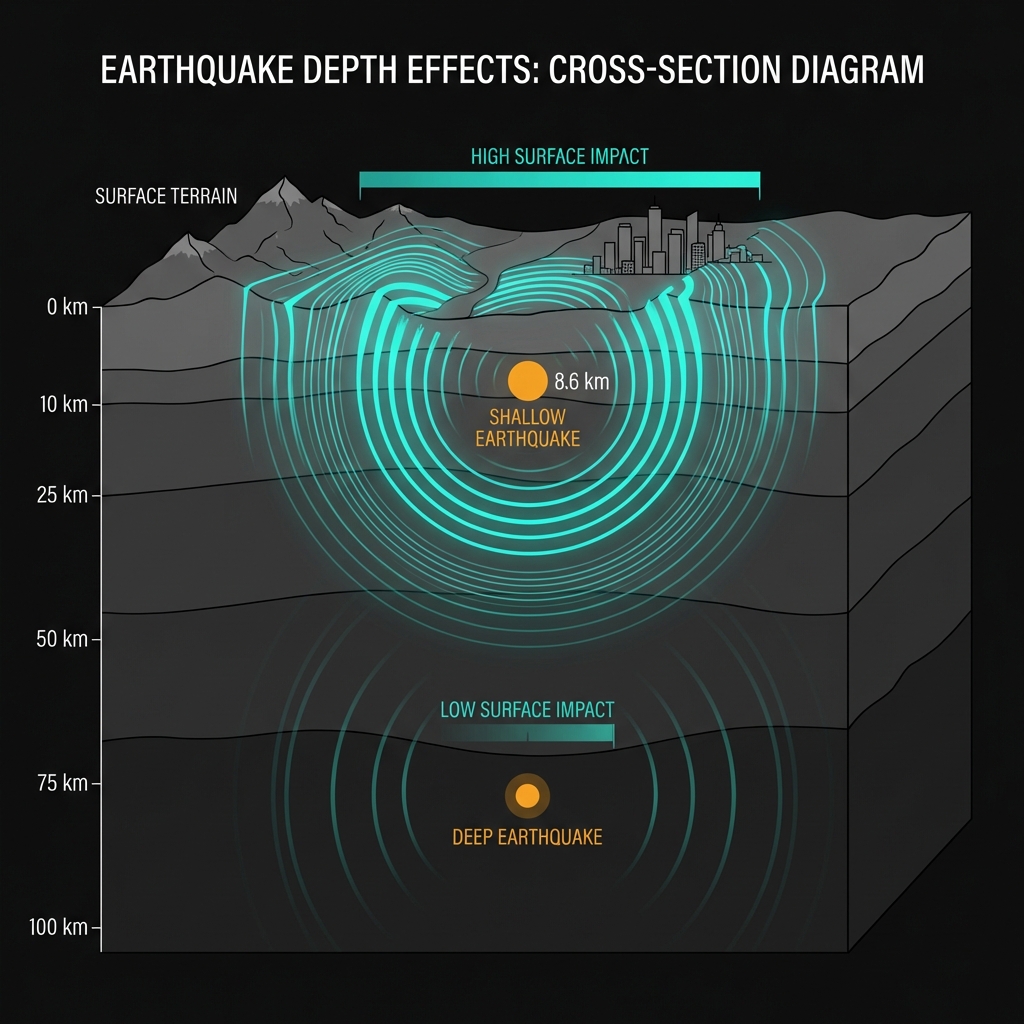 Diagram comparing shallow versus deep earthquake energy propagation through Earth's crust