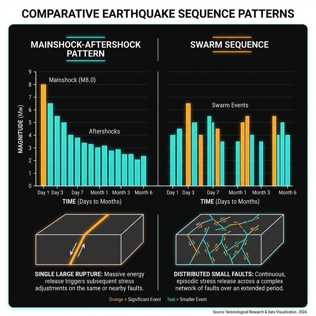 Chart comparing mainshock-aftershock earthquake patterns versus swarm sequences