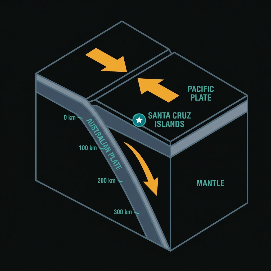 Cross-section diagram illustrating the Australian Plate subducting beneath the Pacific Plate at the Santa Cruz Islands convergent boundary