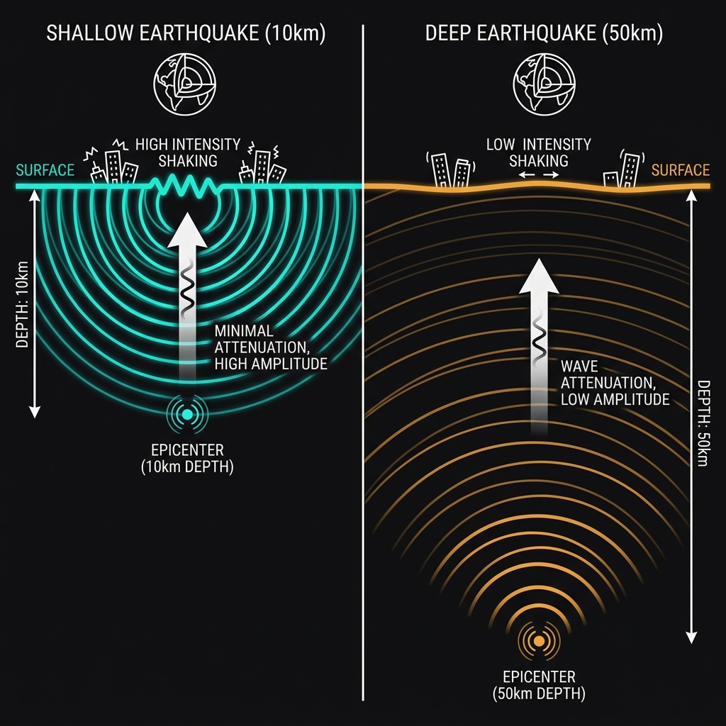 Diagram comparing seismic wave attenuation between a shallow 10km earthquake and a deep 50km earthquake showing stronger surface impact from shallow events